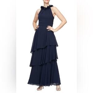 NWT $245 ALEX & EVE Navy Chiffon Tiered Flower Halter Gown, Size 10